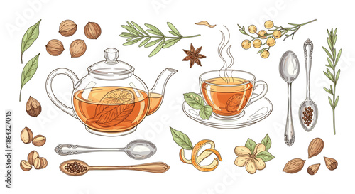 Tea time elements set featuring a glass teapot and cup with aromatic spices and herbal ingredients in a detailed hand drawn illustration.
