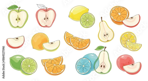 Assortment of fresh fruit slices including apples and citrus with pears shown in a vibrant hand drawn style with soft watercolor textures.