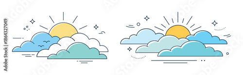 Minimalist sun and clouds illustration in pastel colors