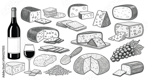 Detailed black and white sketches of various gourmet cheeses with a wine bottle and grapes plus crackers on a white background for menu.