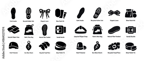 Eco-friendly shoe accessories collection icons including insoles and straps
