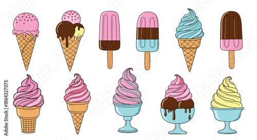 Delightful collection of various ice cream treats including cones and popsicles with colorful toppings in a hand drawn illustration style.