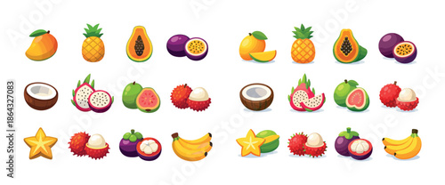 Colorful tropical fruits collection featuring mango, pineapple, papaya, passion fruit, and more