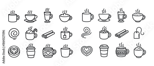 Variety of coffee and tea icon set with cups and accessories
