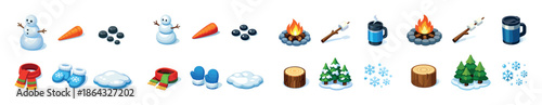 Winter icons: snowman, campfire, hot drink, warm clothes, snowflakes, trees