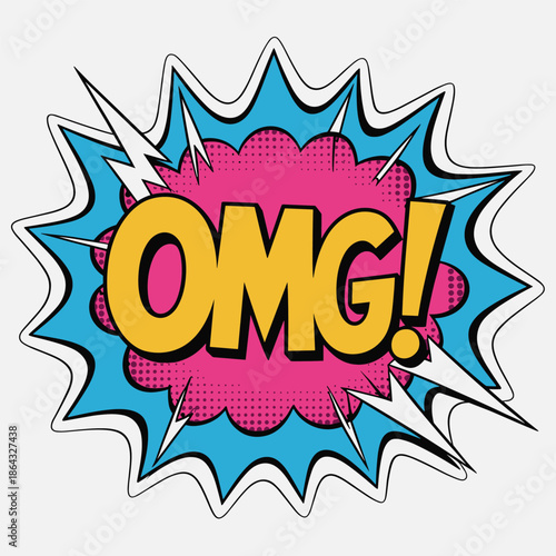 Comic book style explosion with the text OMG in yellow and pink pop art speech bubble