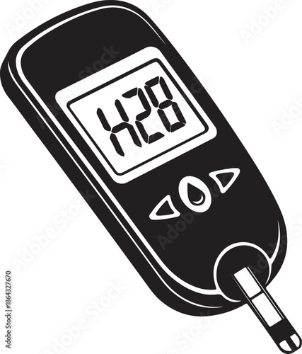 A bold, black-and-white vector illustration of a blood glucose meter, a medical device used to measure blood sugar levels