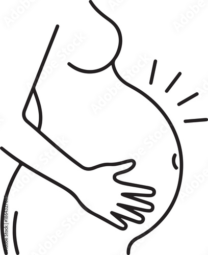 A simple, minimalist black line drawing depicting the side profile of a pregnant woman’s torso..