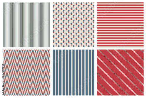 Six Patriotic Patterns Featuring Stripes Chevrons and Polka Dots in Red White and Blue Keywords: pattern, stripe, chevron, polka dot, red, white