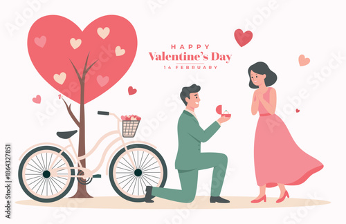 Valentine’s Day Proposal Illustration with Romantic Couple and Heart Tree Vector