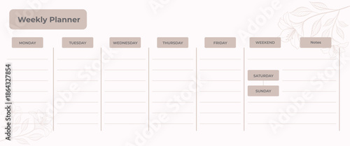 Minimal Weekly Planner Template with Floral Line Art and Notes Section Vector
