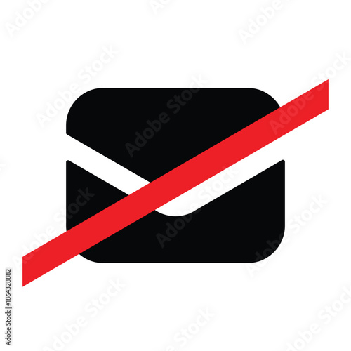 Minimalist "No Mail" Icon with Crossed-Out Envelope Silhouette and Red Strike-Through - Professional Vector Junk Mail Prohibition Symbol
