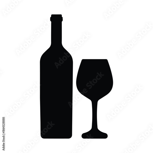 Minimalist Wine Bottle and Glass Silhouette Icon - Professional Black Vector Alcohol Service and Dining Graphic