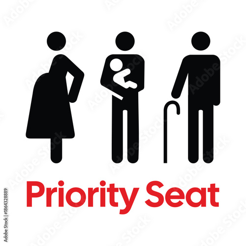 Priority Seat Sign with Universal Icons for Pregnancy, Parents with Infants, and Elderly - Professional Public Transport Accessibility Graphic