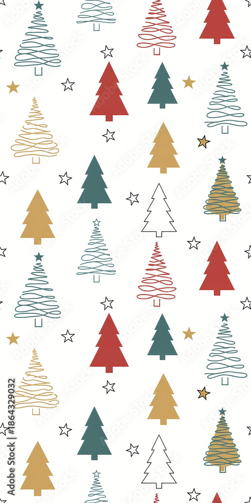 Obraz premium Seamless pattern with modern minimalist Christmas trees and stars. Vertical holiday background with stylized red, teal, and gold firs. Festive winter illustration for wrapping paper