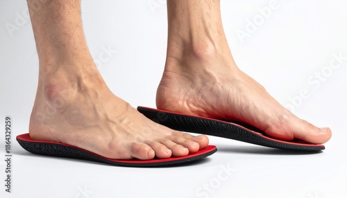 Bare feet on red and black shoe insoles against white backdrop, emphasizing arch support