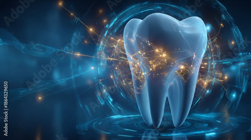3d Tooth in low polygon design.Stomatology dental protection, treatment in clinic or hospital.Healthcare and medical.Hi-tech, futuristic and digital technology background concept.Vector illustration.