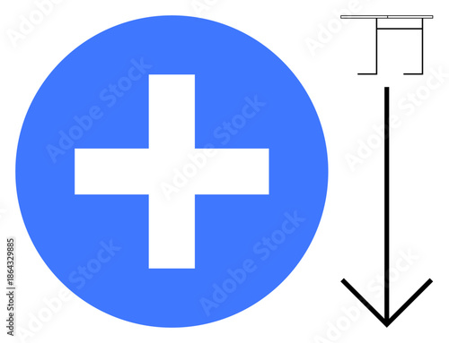 Health services, medical directions, navigation, instruction, healthcare signage, guidance symbols. Blue circle containing a white cross next to a downward arrow. Health services and navigation