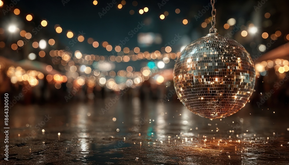Obraz premium Disco ball sparkling with bokeh lights, festive party atmosphere