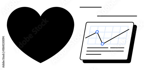 Black heart next to analytics chart with lines and dots. Ideal for health, wellness, data analysis, growth, fitness tracking, healthcare progress, lifestyle improvement. Simple flat metaphor