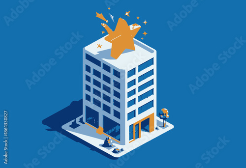 Colorful isometric illustration of a multistory office building with a large golden star on the roof against a blue background
