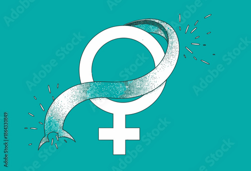 Illustration of Feminist Symbol with a Ribbon Breaks Free, Empowerment and Gender Equality Concept on a Bold Teal Background
