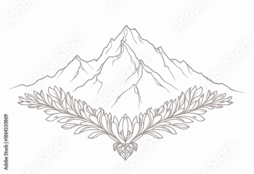 Intricate line art illustration of a majestic mountainous landscape featuring detailed geometric patterns and an elegant symmetrical botanical design