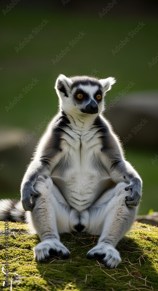 Fototapeta premium A serene ring-tailed lemur sits calmly on sun-drenched moss, its distinctive black and white fur and bright eyes capturing a tranquil moment