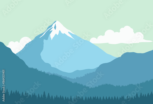 Serene Landscape Featuring Majestic Snow-Capped Mountain Peaks Overlooking Dense Forest Underneath a Clear Sky with Soft Clouds