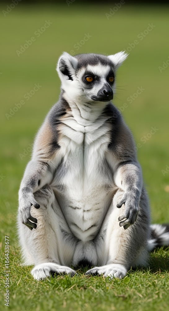 Obraz premium Ring-tailed lemur sitting on green grass, its iconic black and white ringed tail curled around its body, with a blurred background of lush foliage, captured in natural daylight