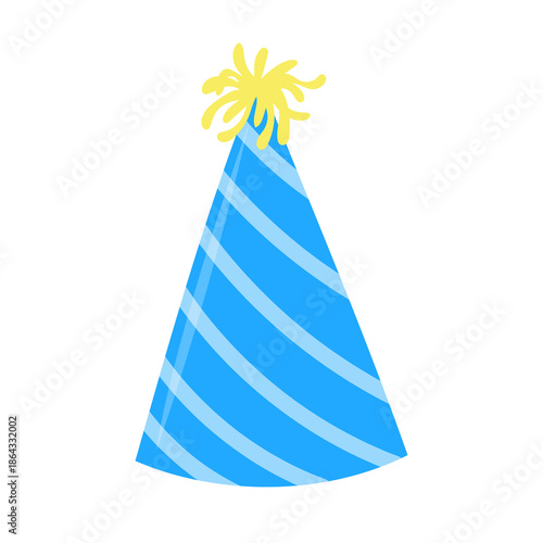 A festive blue and yellow striped party hat with a fluffy yellow pom-pom on top, perfect for celebrations and birthdays