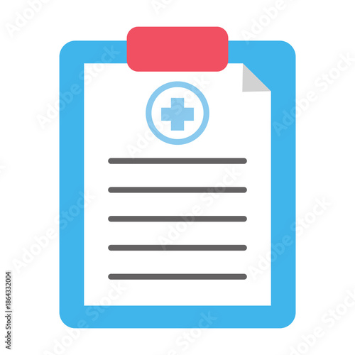 Stylized vector illustration of a medical record on a clipboard, featuring a health cross symbol and text lines, representing patient data and clinic administration