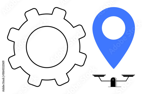 Navigation systems, industrial tools, decision-making, technology processes, business goals, balance. A gear, blue map pin and scale. Navigation systems and industrial tools concept