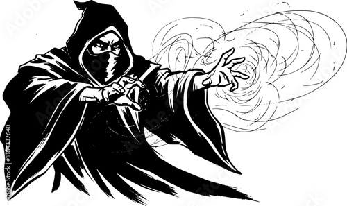 Mystical sorcerer conjuring magic in sumi-e style, a simple mono
