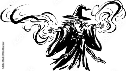 Mystical sorcerer conjuring magic in sumi-e style, a simple mono
