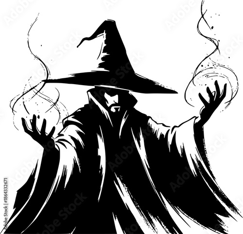 Mystical sorcerer conjuring magic in sumi-e style, a simple mono
