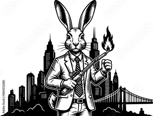 Engraved Urban Hare Holding Blowtorch with Cityscape Backdrop Il
