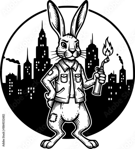 Engraved Urban Hare Holding Blowtorch with Cityscape Backdrop Il
