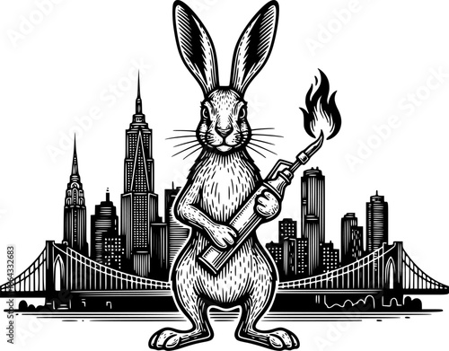 Engraved Urban Hare Holding Blowtorch with Cityscape Backdrop Il
