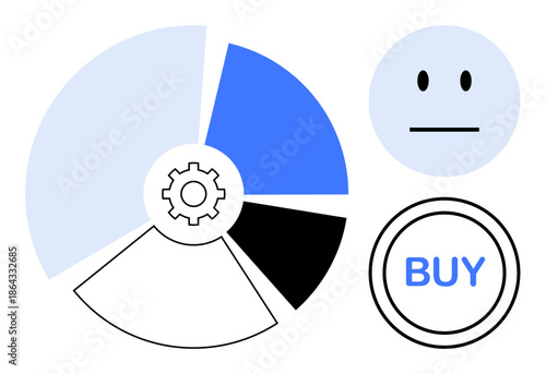 Business management, marketing, decision-making, e-commerce, data analytics, graphical presentation. Pie chart with gear icon, neutral emoticon buy button. Business and marketing concepts