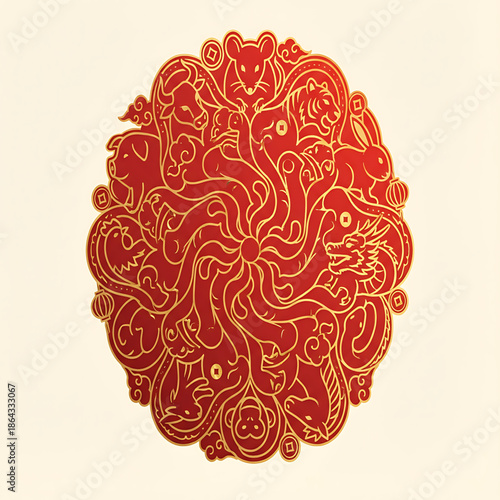 Lunar new year, Intricate red and gold illustration of a dragon on a neutral background viewed from the front