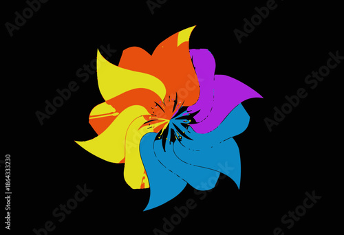 Vibrant Multicolored Pinwheel with Symmetrical Petals on Black Background Showcasing Dynamic Gradient Hues and Artistic Design in Motion