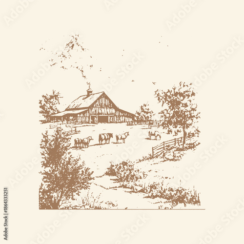 Vintage Hand Drawn Rural Farm Landscape with Rustic Barn and Grazing Cows, Classic Pen and Ink Sketch Illustration of a Peaceful Countryside Scene
