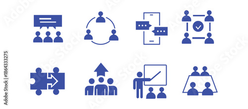 Meeting icon set. Conference and team symbol. Vector illustration.
