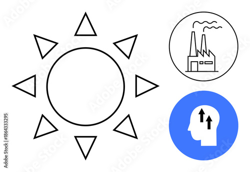 Renewable energy. A clean energy sun contrasts with industrial factory emissions while a thinking mind highlights environmental awareness. Renewable energy for sustainability, innovation
