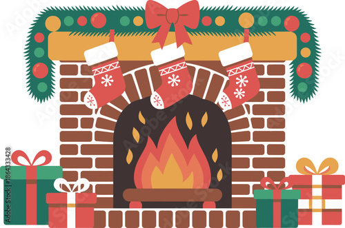 Cozy christmas fireplace with stockings and gifts