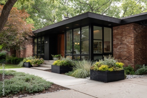 This contemporary residential house boasts expansive windows that let in abundant natural light, surrounded by lush green plants in a sunlit area