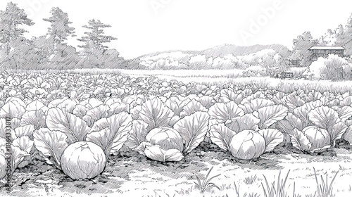 Grayscale illustration of a cabbage field