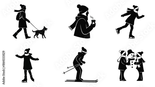 People enjoying winter activities with dog and snowman