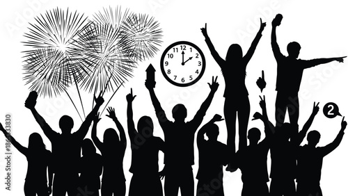 Celebrating new year with fireworks and clock